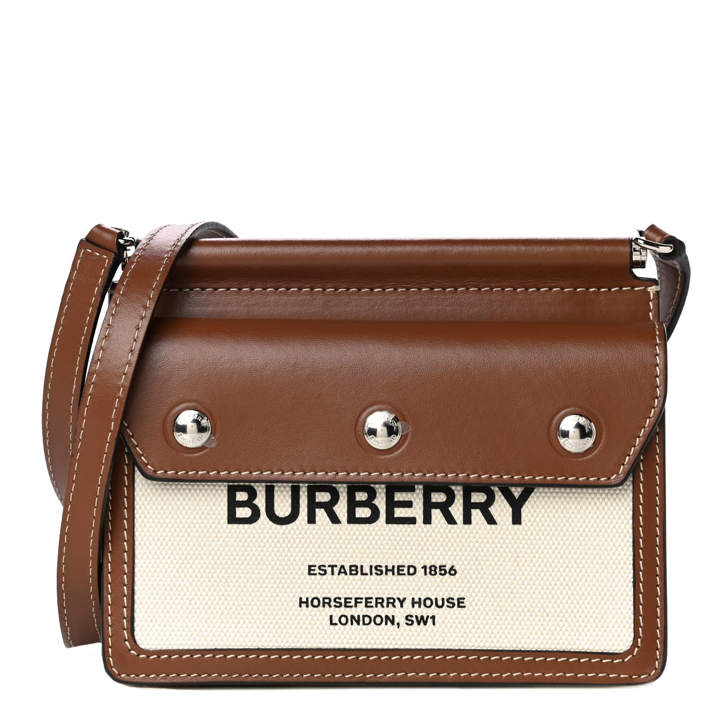 Smooth Calfskin Canvas Horseferry Print Mini Title Bag with Pocket Natural Malt Brown