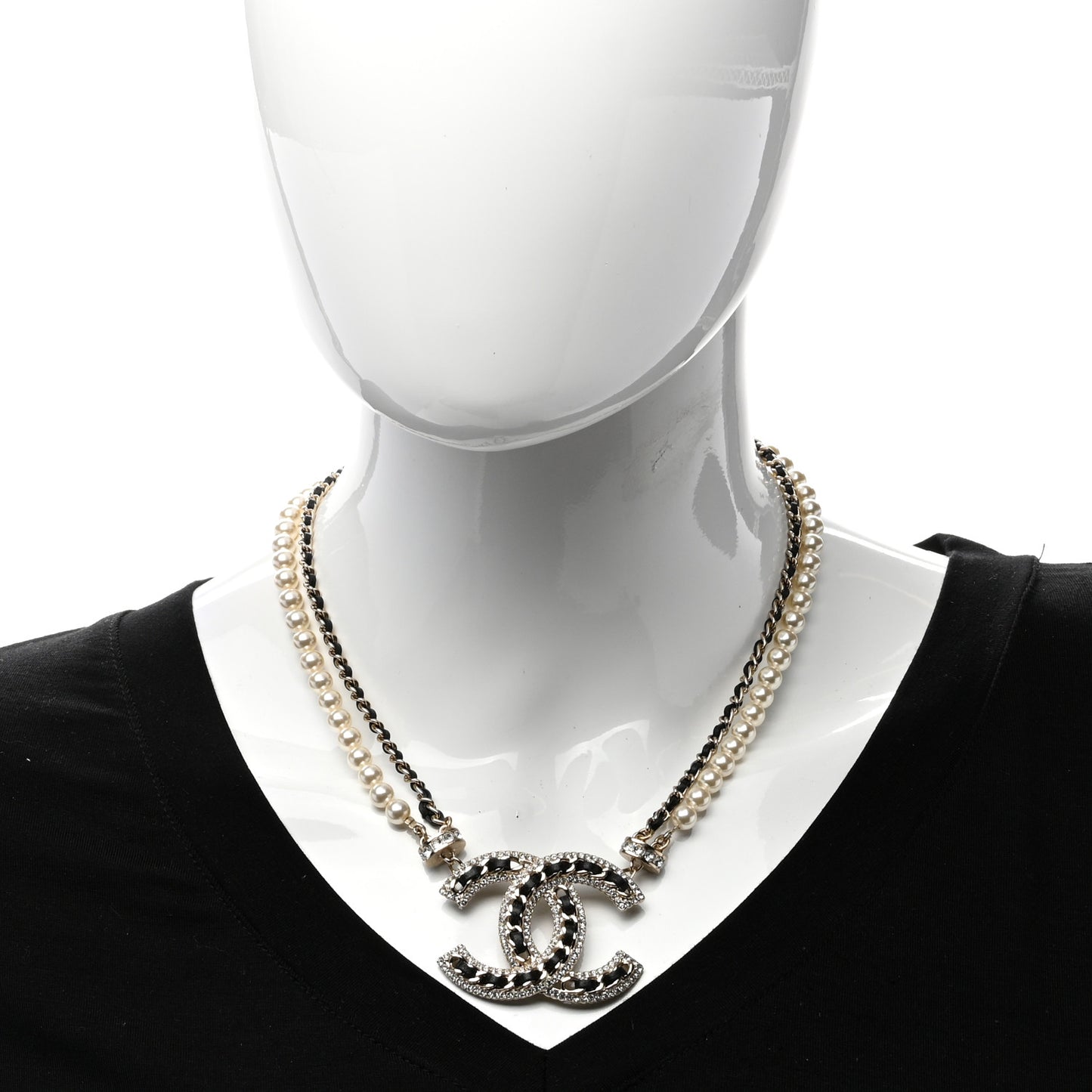 Crystal Pearl Lambskin CC Chain Choker Gold Black