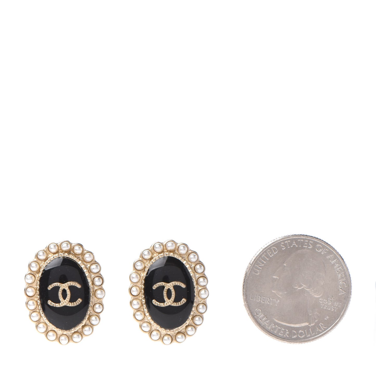 Pearl Enamel CC Oval Earrings Gold Black