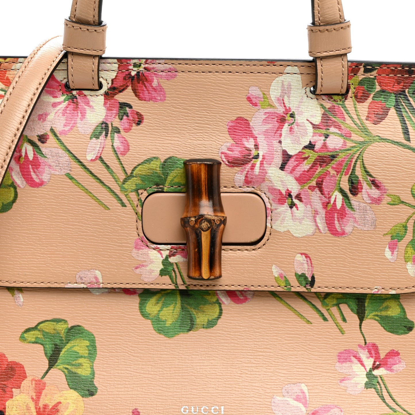 Shangai Calfskin Blooms Print Small Bamboo Daily Top Handle Bag Pink Apricot Multicolor