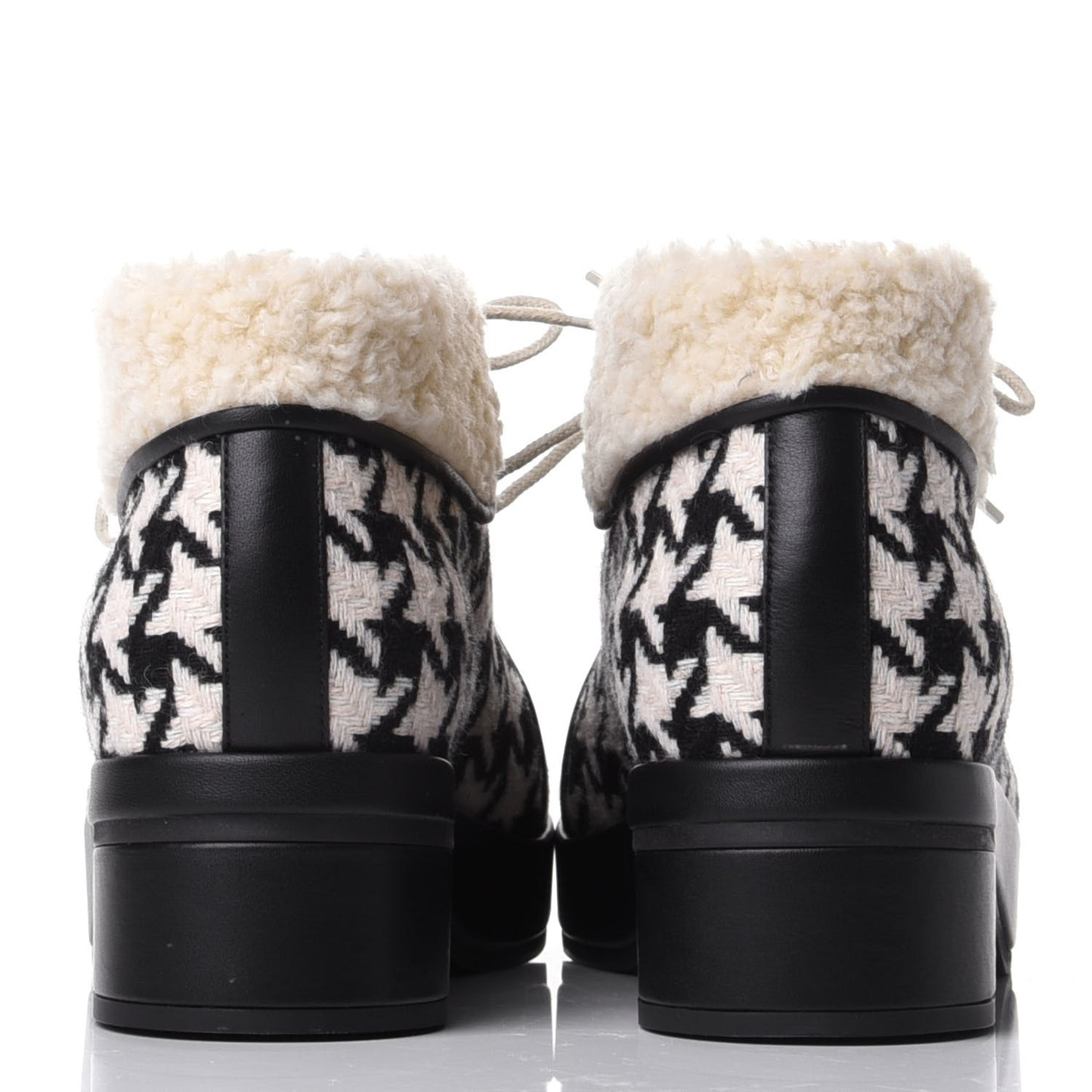 Optical Tweed Faux Shearling Houndstooth Victor Lace Up Ankle Boots 37.5 White Black