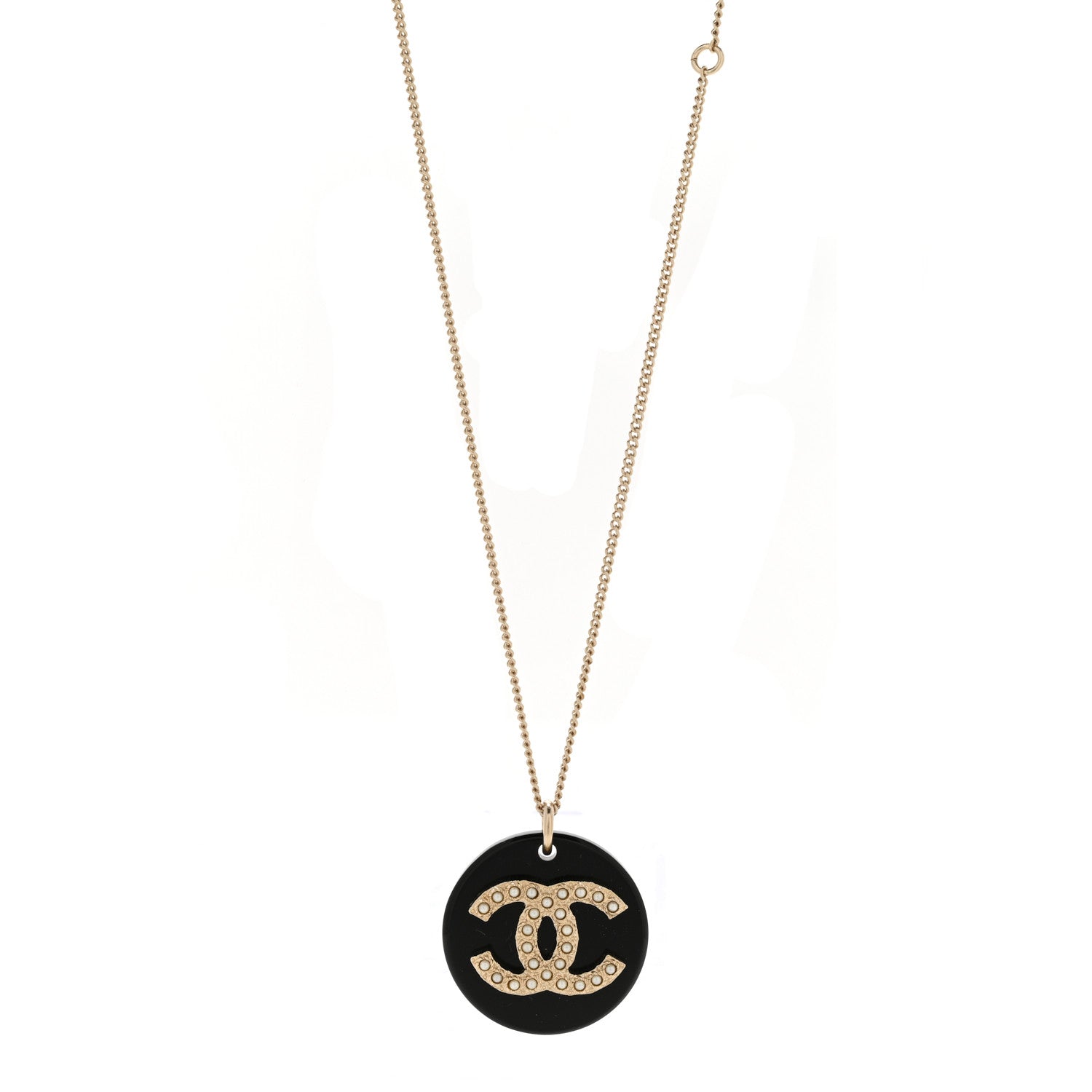 Chanel Pearl Resin CC Pendant Necklace Gold Black 1 of 5