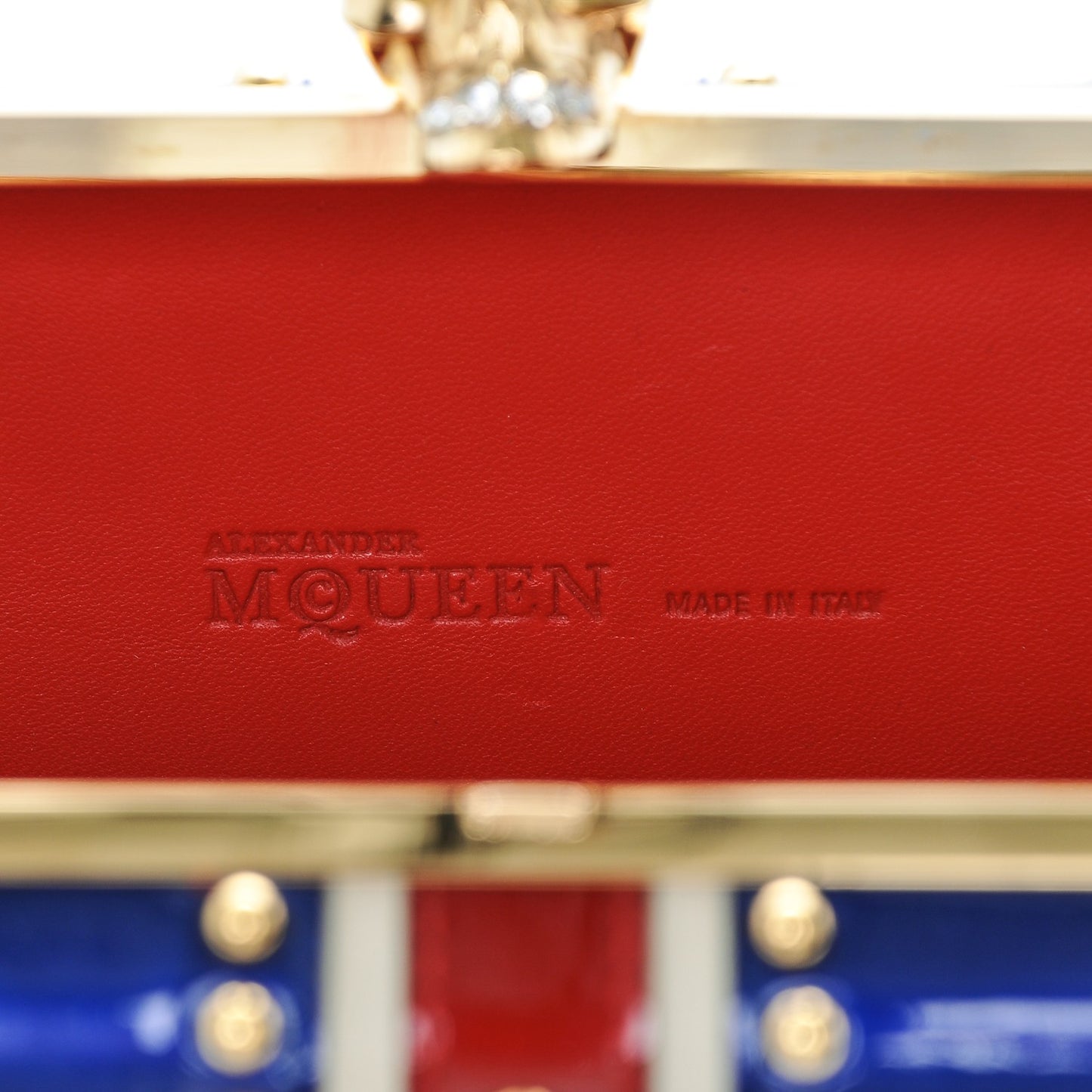 Patent Calfskin Studded Britannia Skull Box Clutch Red Blue