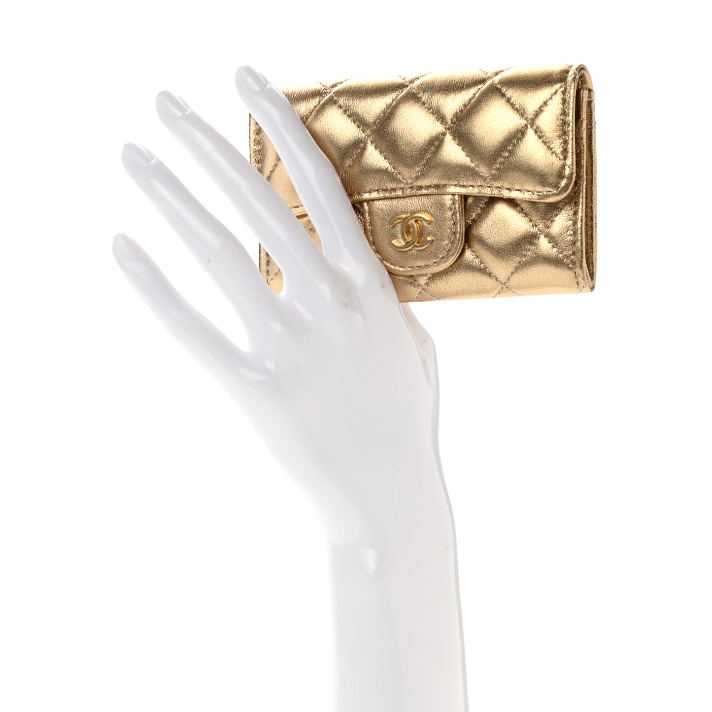 Metallic Lambskin Quilted Flap Card Holder Wallet Gold