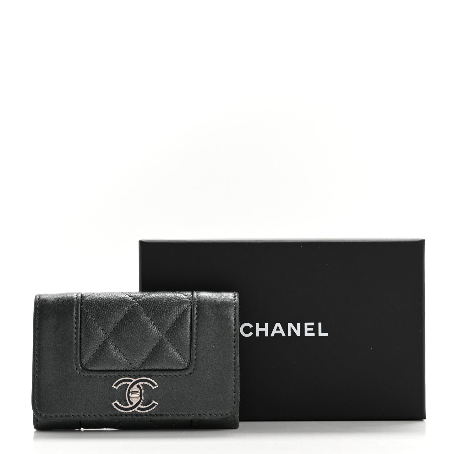 Metallic Caviar Quilted Vintage Mademoiselle Flap Card Holder Charcoal