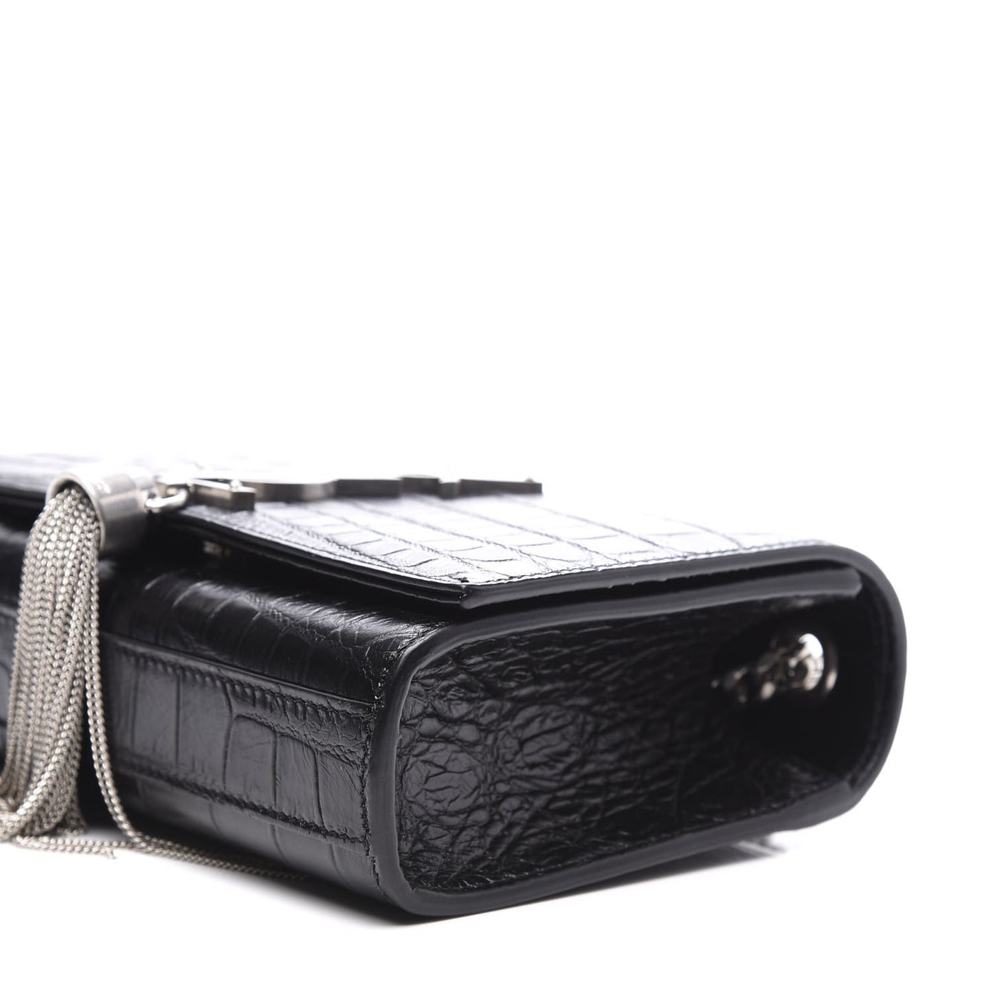 Calfskin Crocodile Embossed Monogram Small Kate Tassel Satchel Black