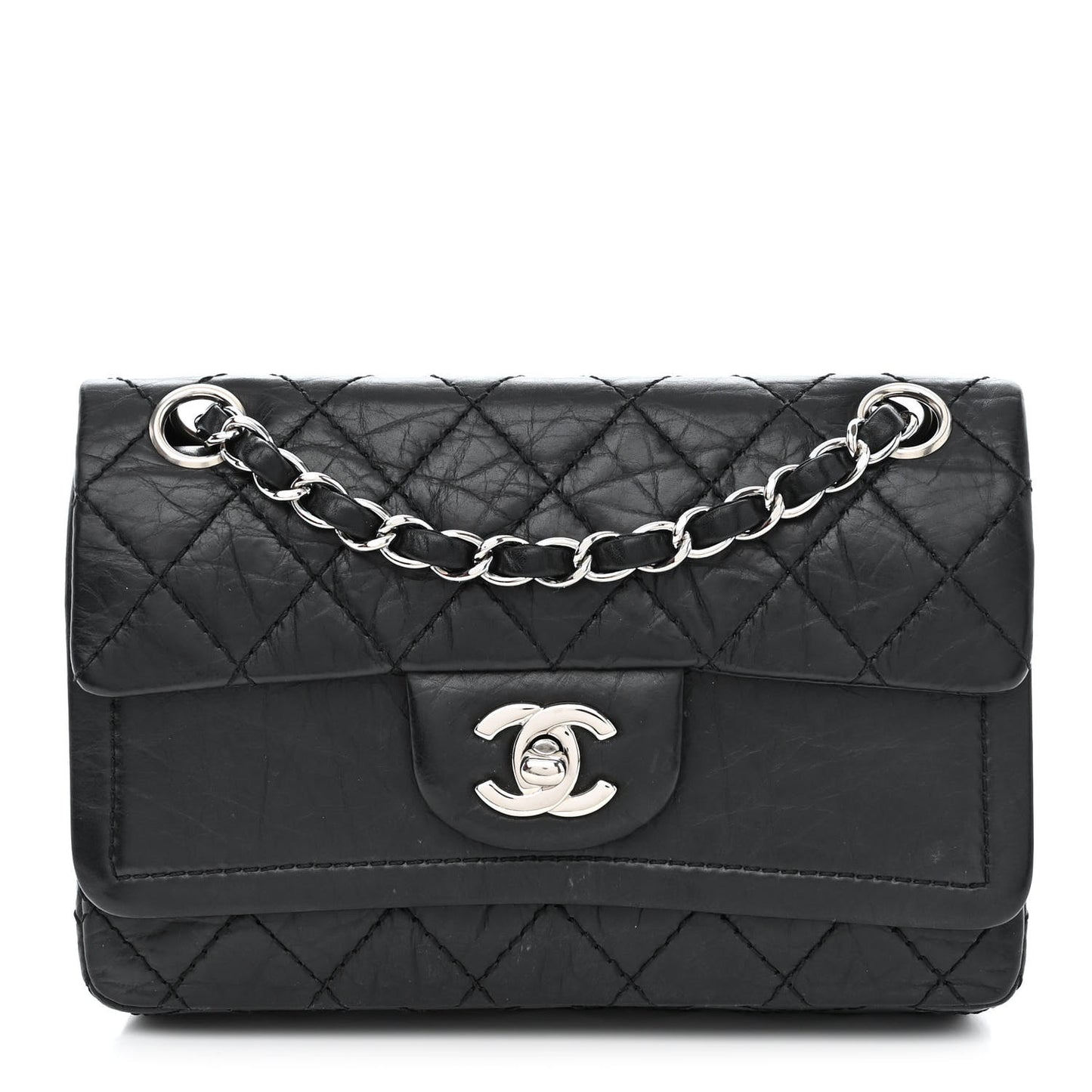 Aged Calfskin Quilted Mini Rectangular Double Flap Black