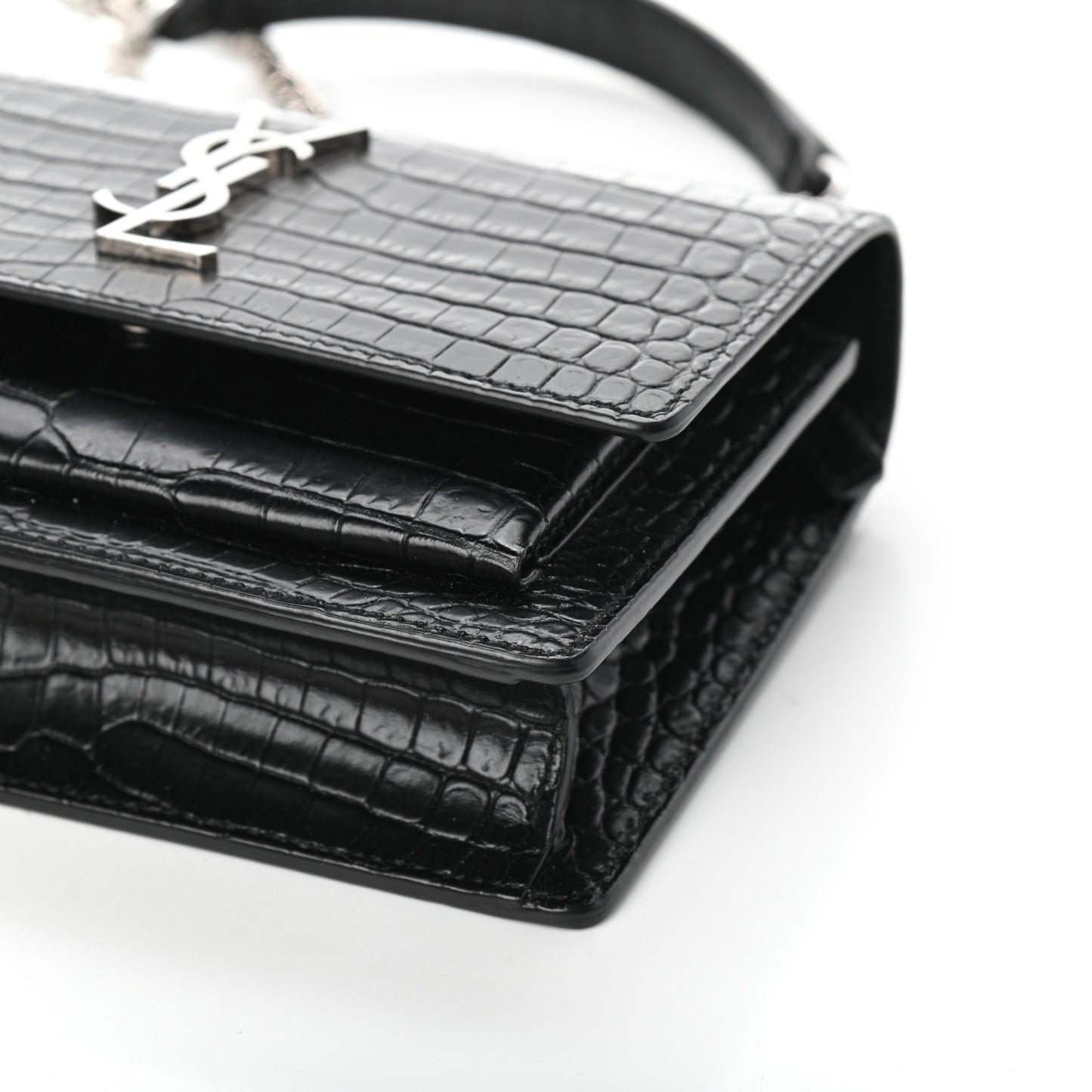 Calfskin Crocodile Embossed Monogram Sunset Chain Wallet Black