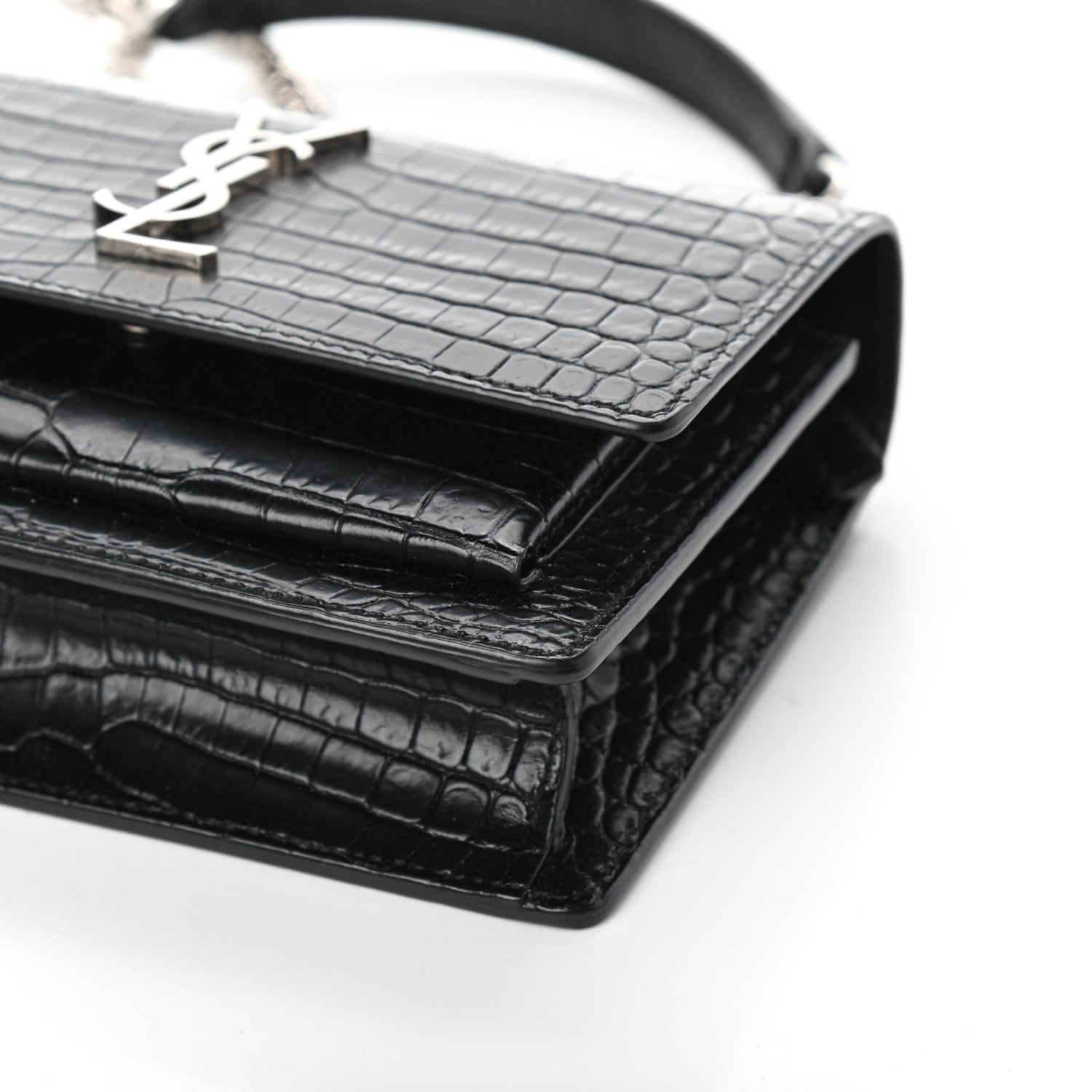 Saint Laurent Calfskin Crocodile Embossed Monogram Sunset Chain Wallet Black 8 of 8