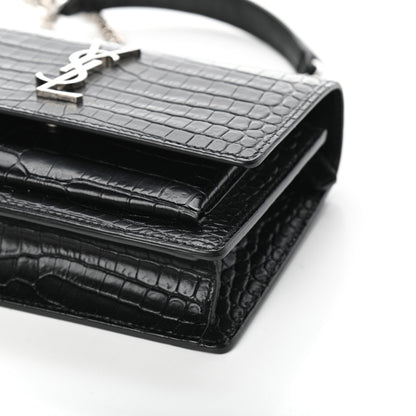 Saint Laurent Calfskin Crocodile Embossed Monogram Sunset Chain Wallet Black 8 of 8