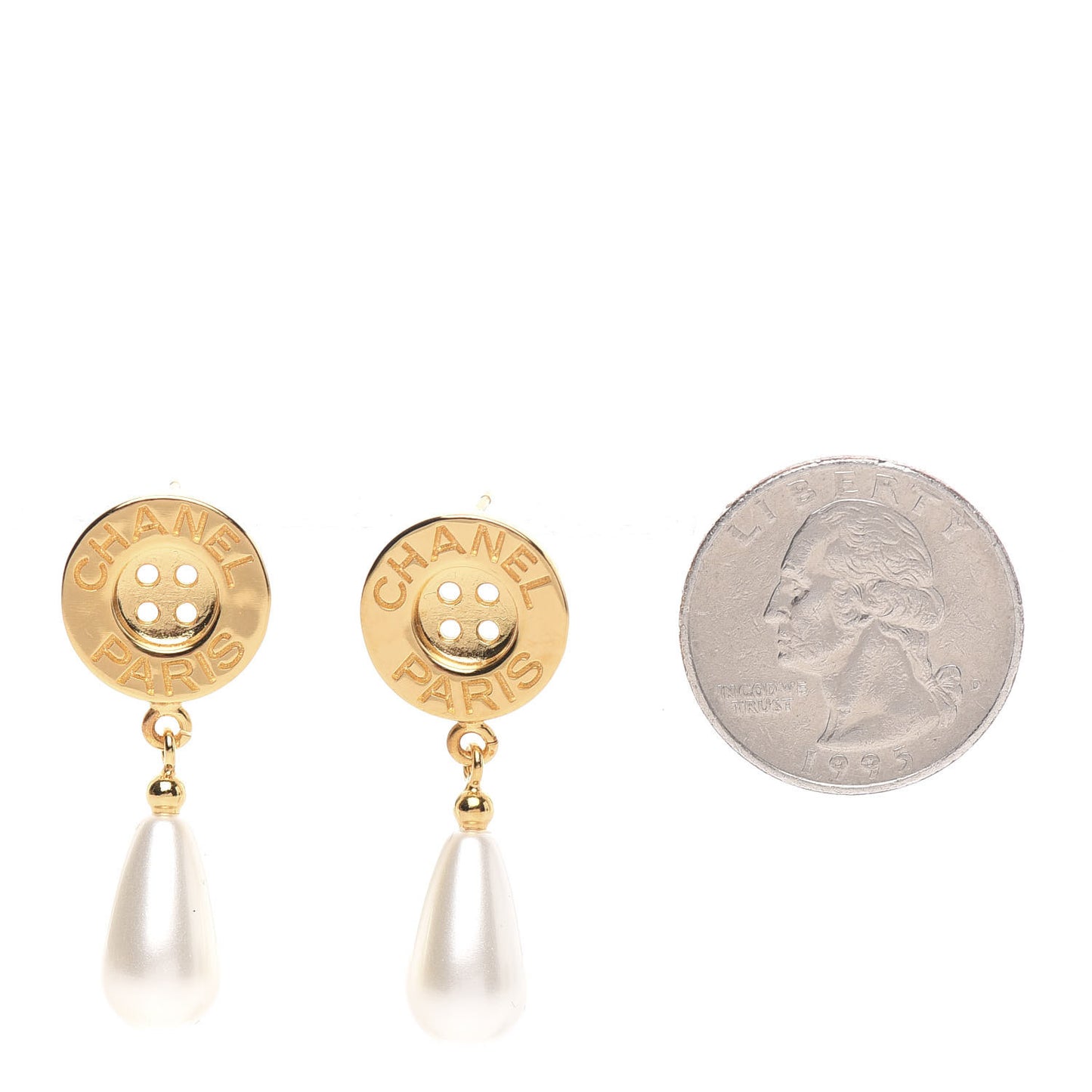 Metal Pearl Paris Button Drop Earrings Gold