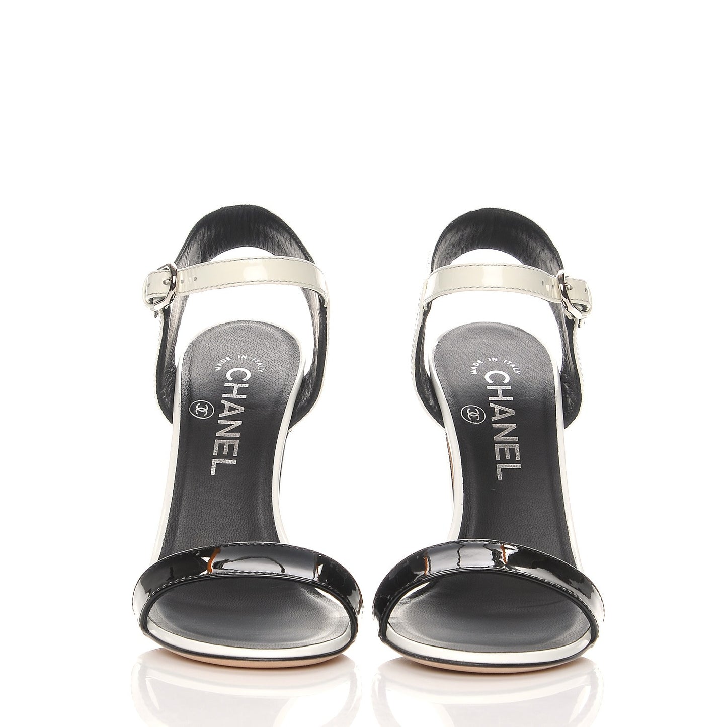 Perforated Crackled Patent Calfskin Sandals Heels 36 Black White