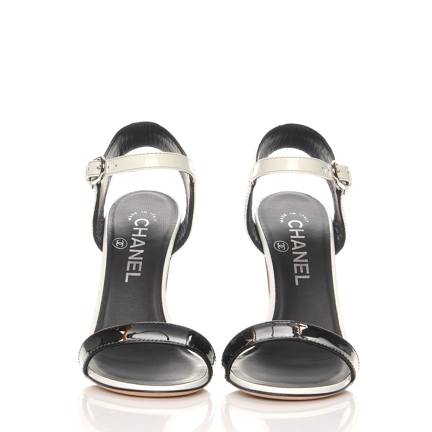 Chanel Perforated Crackled Patent Calfskin Sandals Heels 36 Black White 2 of 9