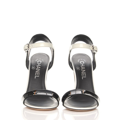 Chanel Perforated Crackled Patent Calfskin Sandals Heels 36 Black White 2 of 9