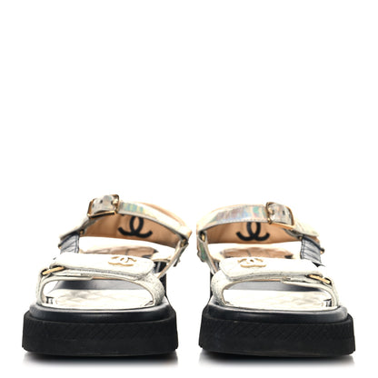 Chanel Lambskin Logo Platform Sandals 38.5 Beige Gold White 3 of 9