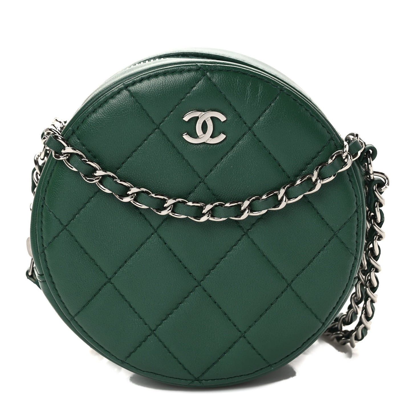Lambskin Quilted Round Clutch With Chain Green