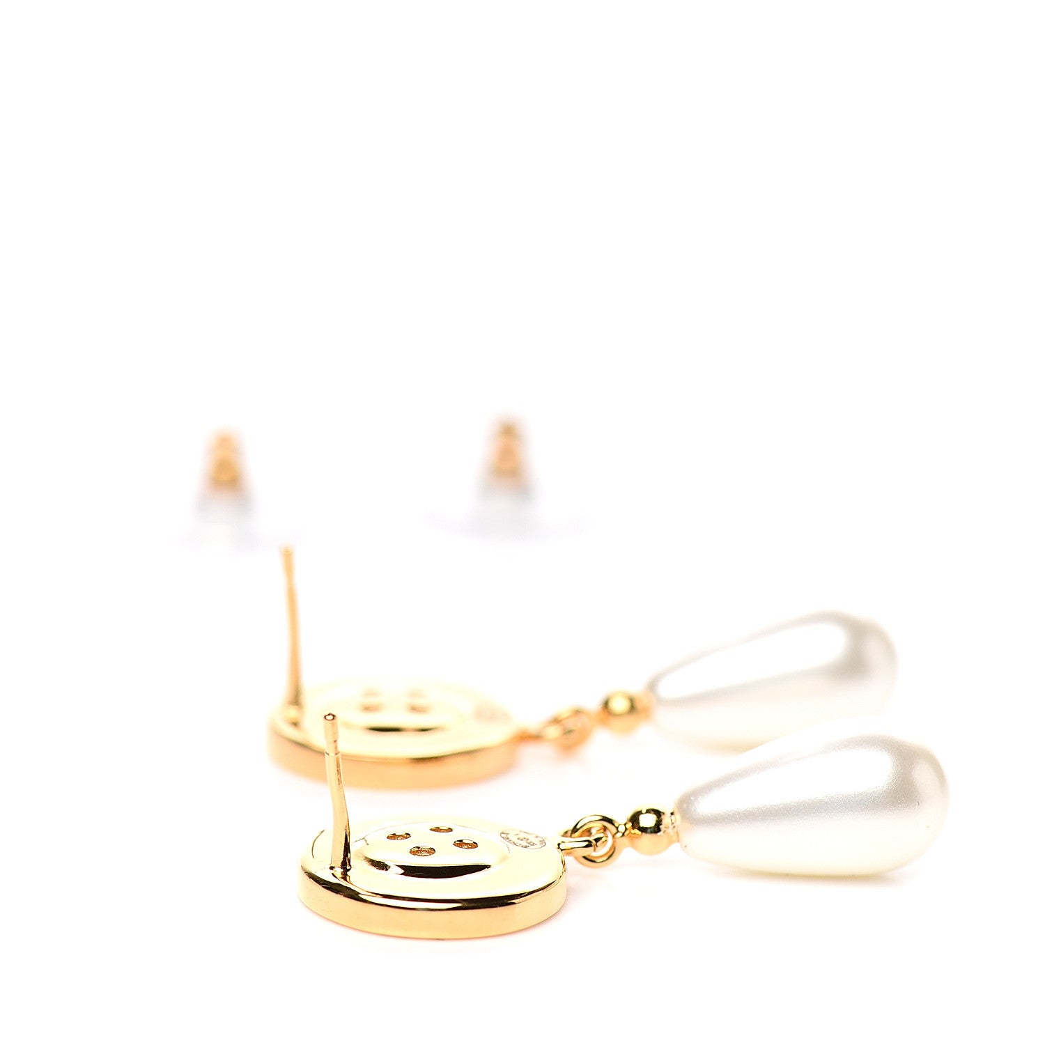 Chanel Metal Pearl Paris Button Drop Earrings Gold 4 of 5