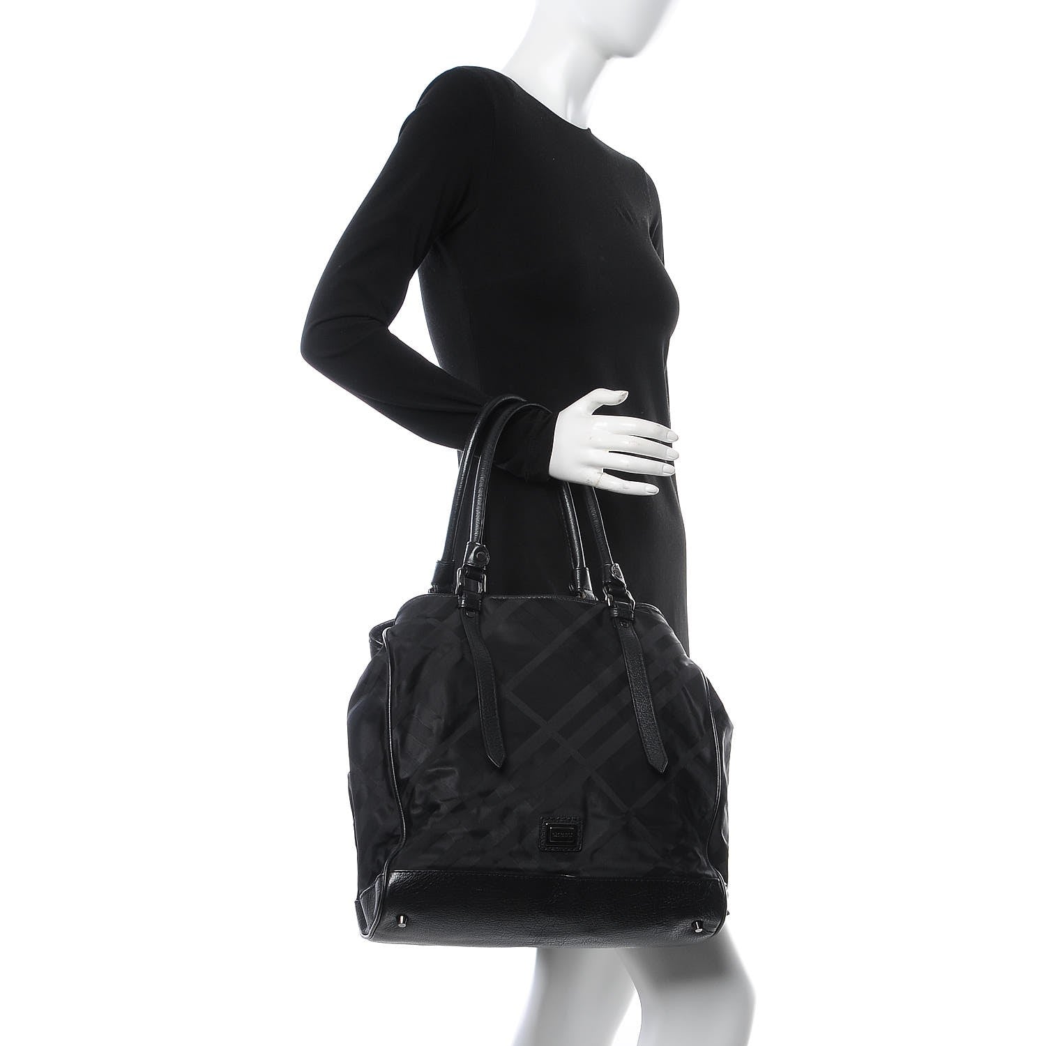 Burberry Nylon Tonal Check Tote Black 2 of 8