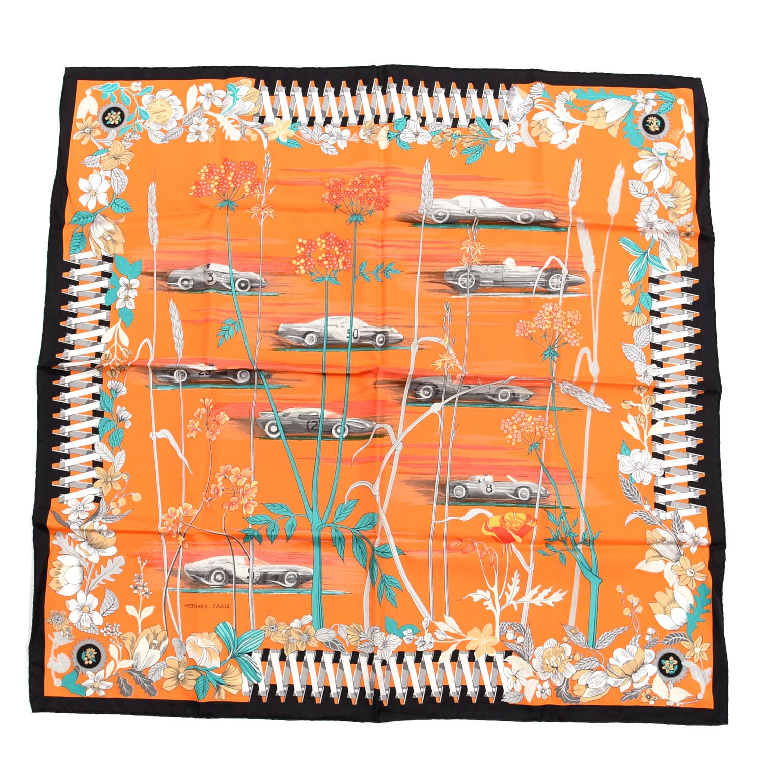 Hermes Silk Soie Les Bolides Scarf 90 Black Orange Vert 1 of 4