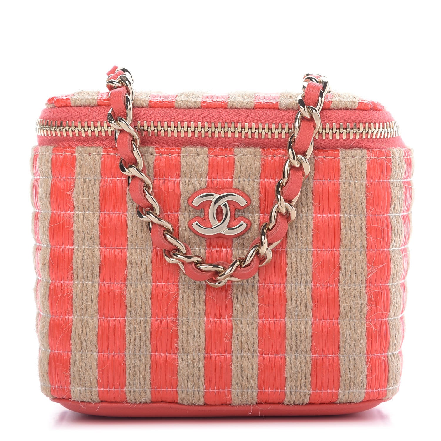 Chanel Raffia Jute Striped Mini Vanity Case With Chain Red Beige 1 of 10