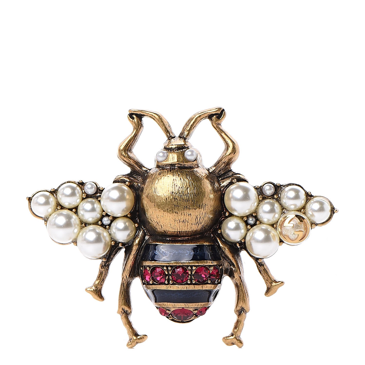Gucci Metal Enamel Crystal Pearl Bee Ring M Aged Gold 1 of 6