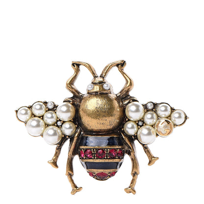 Gucci Metal Enamel Crystal Pearl Bee Ring M Aged Gold 1 of 6