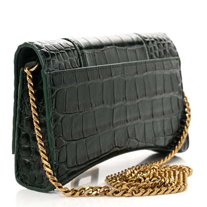 Balenciaga Shiny Calfskin Crocodile Embossed Hourglass Chain Bag Forest Green 3 of 13