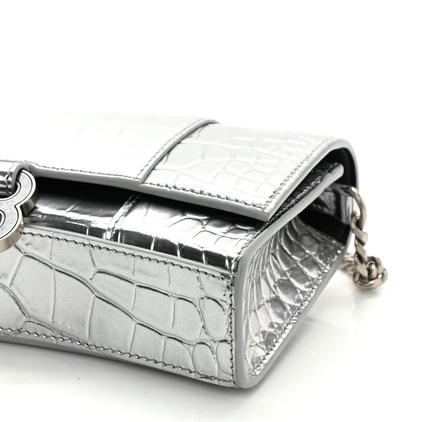 Metallic Calfskin Crocodile Embossed Hourglass Chain Bag Silver