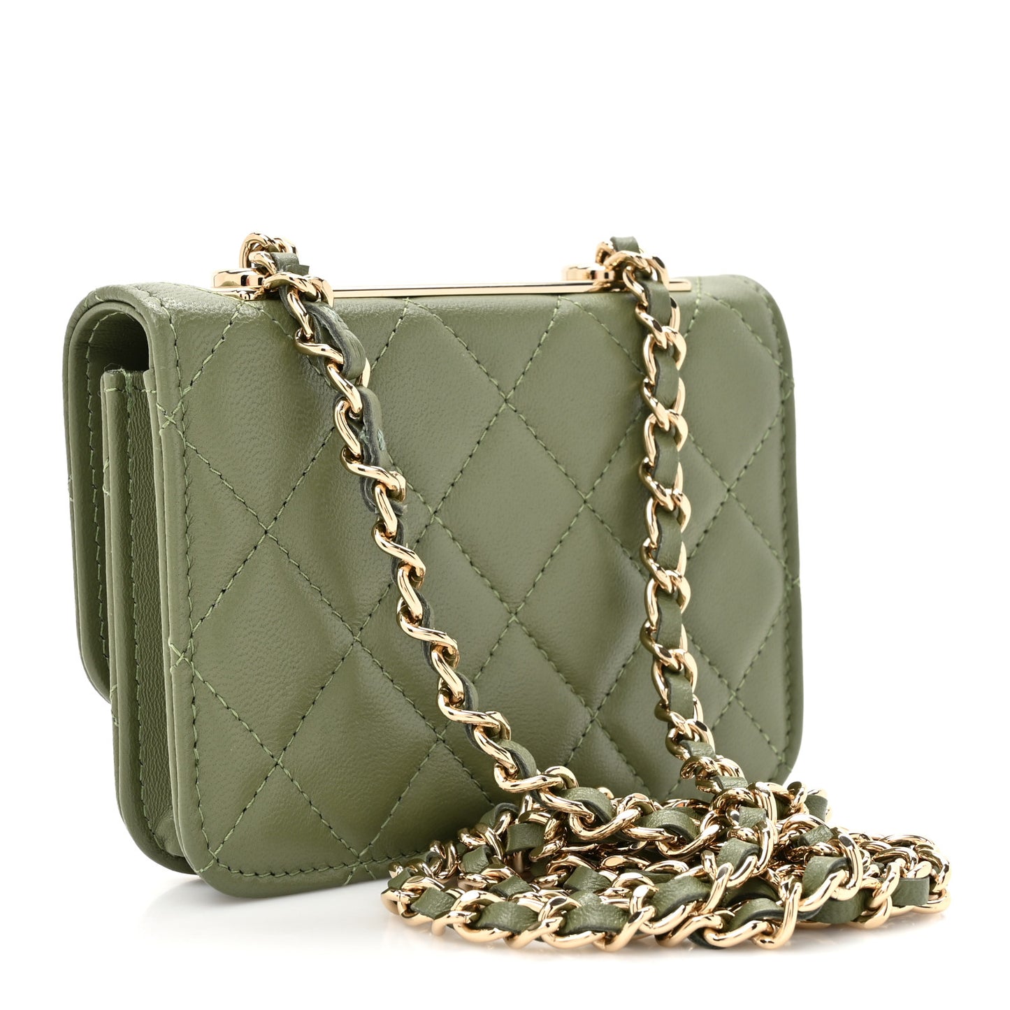 Lambskin Quilted Trendy CC Card Holder On Chain Green