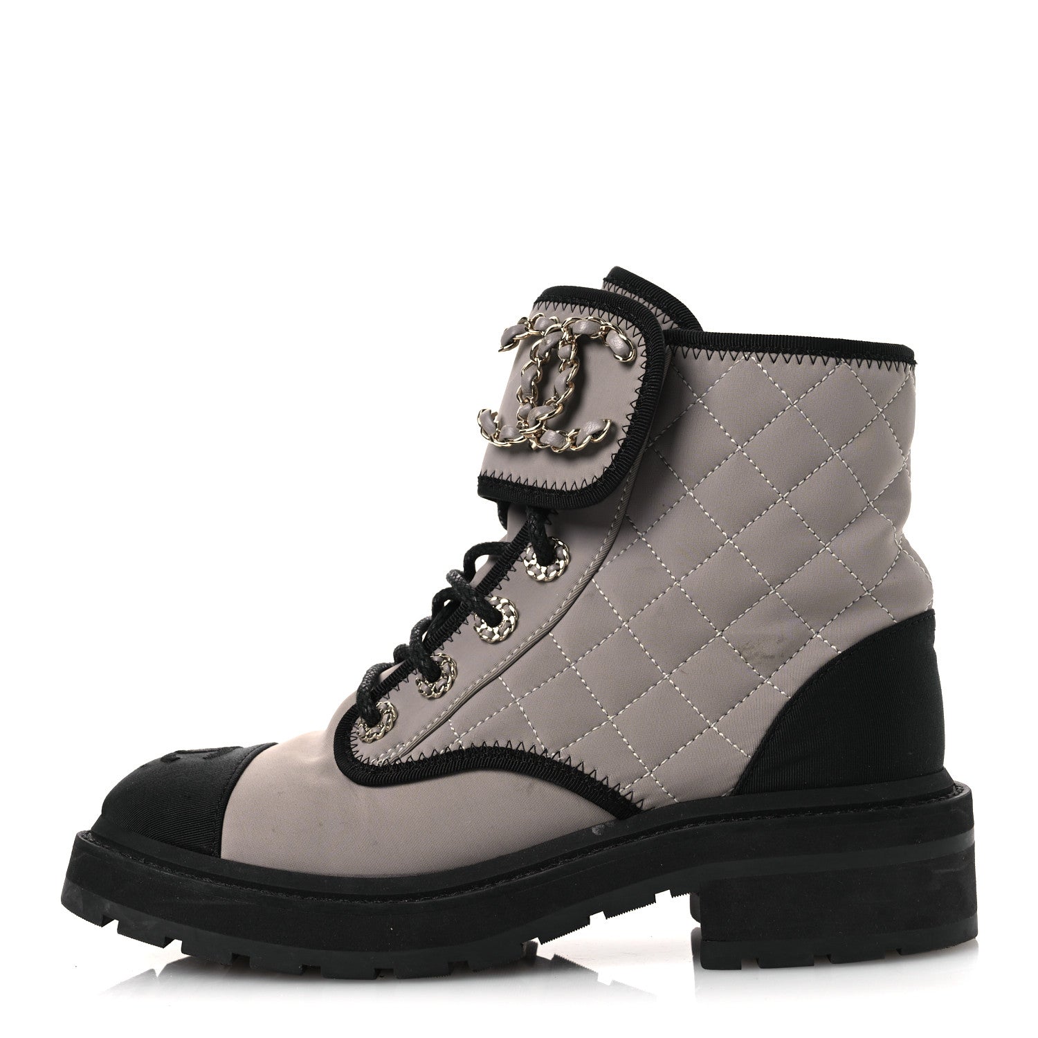 Chanel Fabric Grosgrain Quilted Cap Toe Lace Up Combat Boots 36.5 Gray 1 of 12