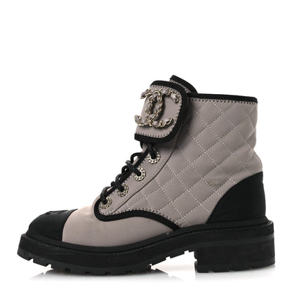 Chanel Fabric Grosgrain Quilted Cap Toe Lace Up Combat Boots 36.5 Gray 1 of 12