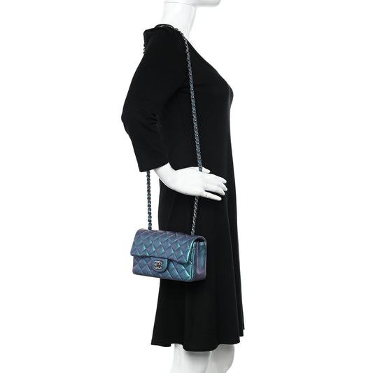 Iridescent Lambskin Quilted Mini Rectangular Flap Turquoise