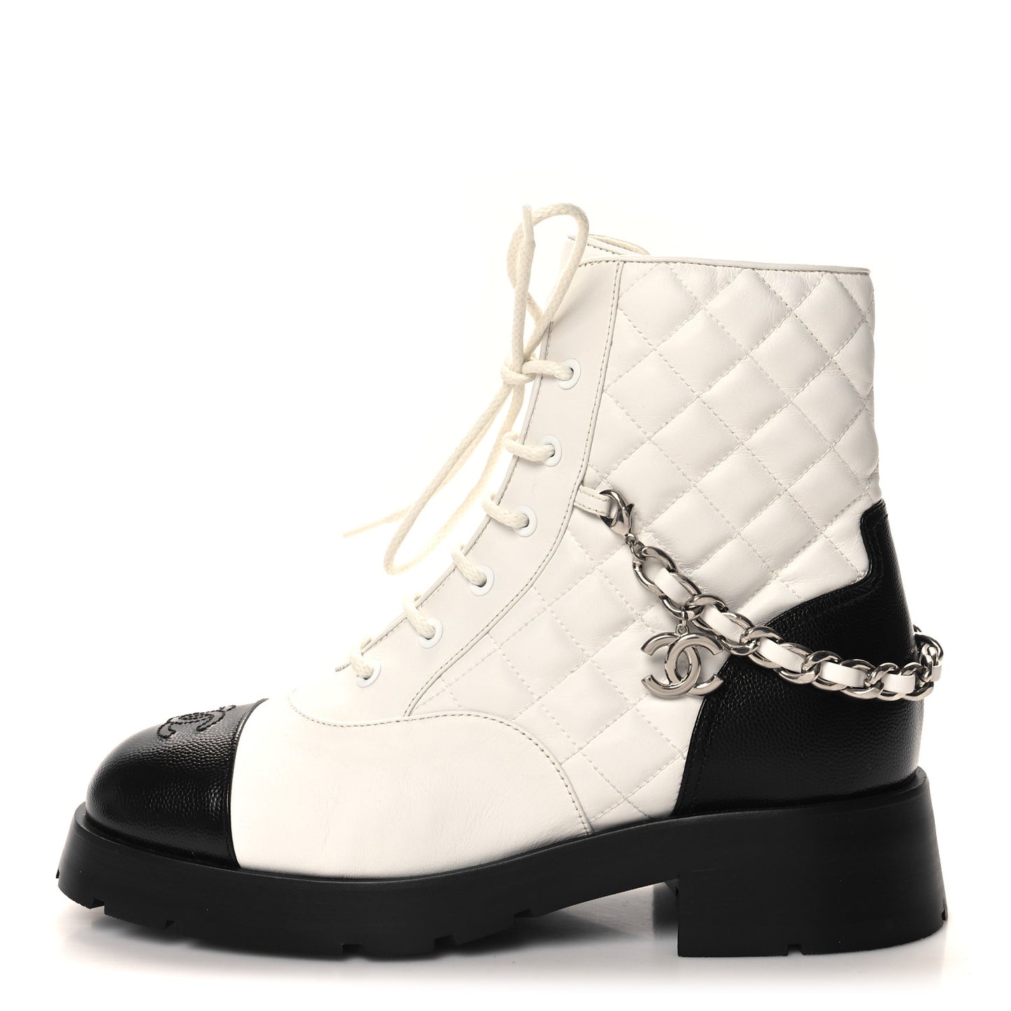 Caviar Calfskin Quilted Chain Lace Up Combat Boots 39.5 White Black