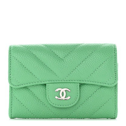 Chanel Caviar Chevron Quilted Flap Card Holder Green 1 of 9