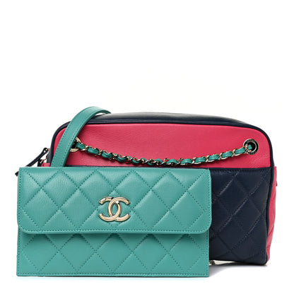 Chanel Goatskin Quilted Tri-Color Medium In & Out Camera Case Navy Turquoise Pink 1 of 13