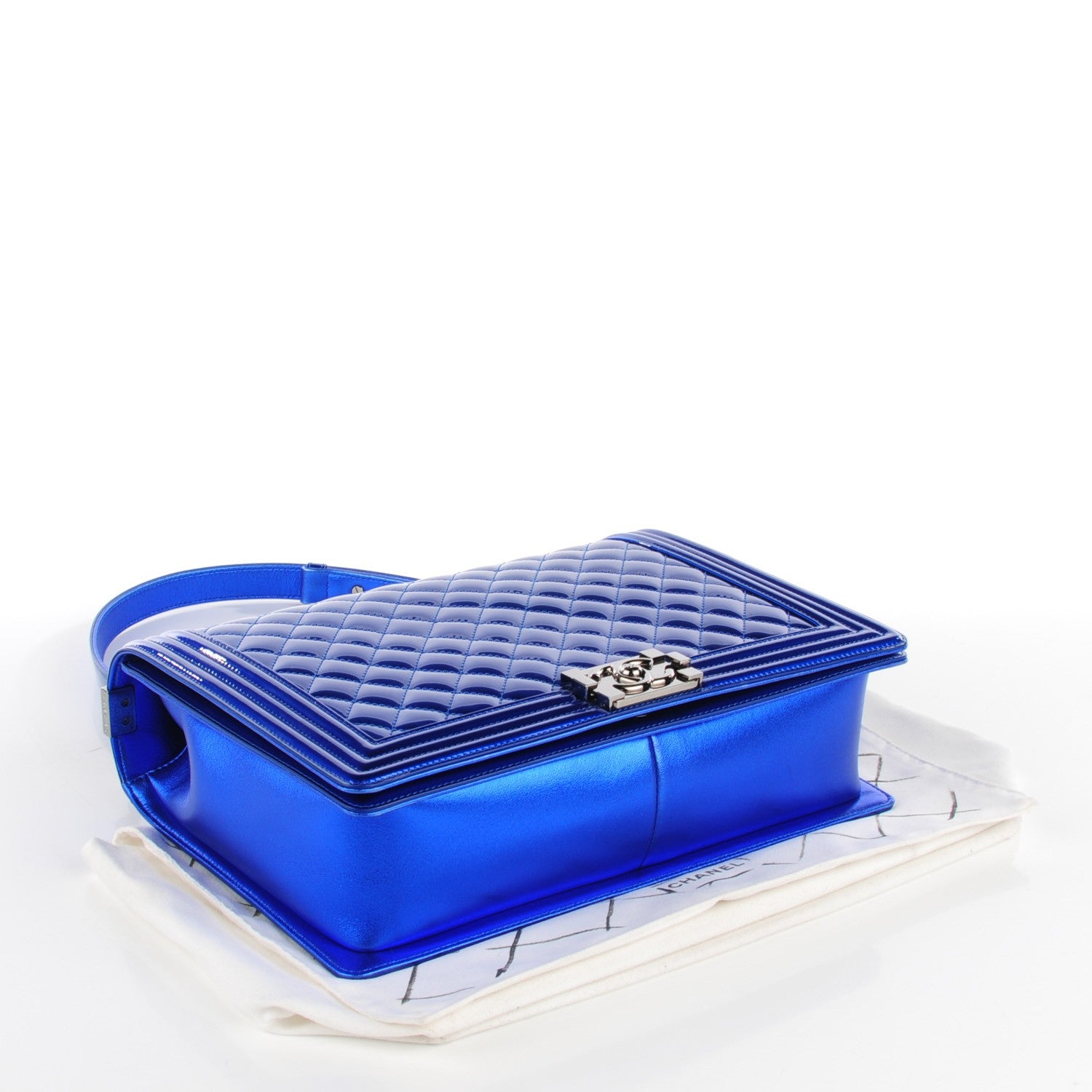 Chanel Metallic Patent Quilted Large Boy Flap Blue 4 of 9