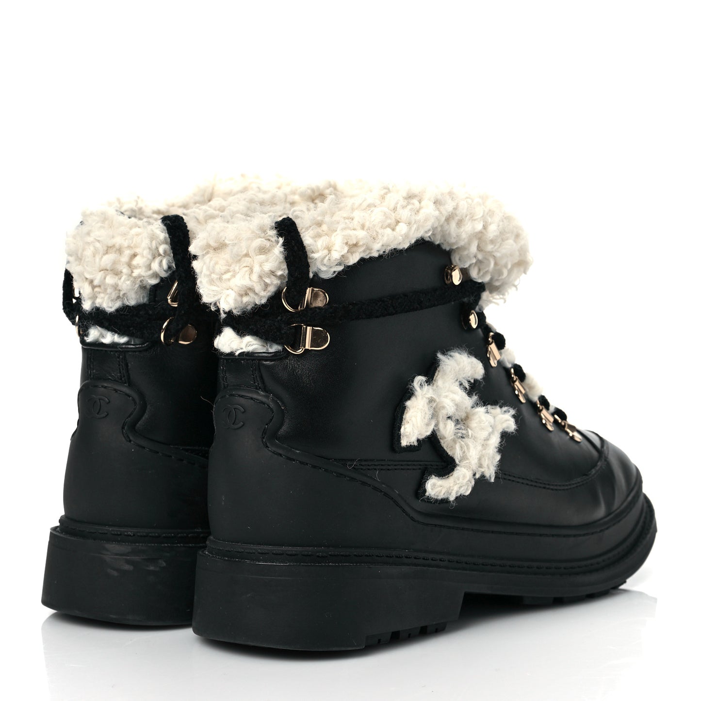 Calfskin Shearling CC Lace Up Boots 39 Black