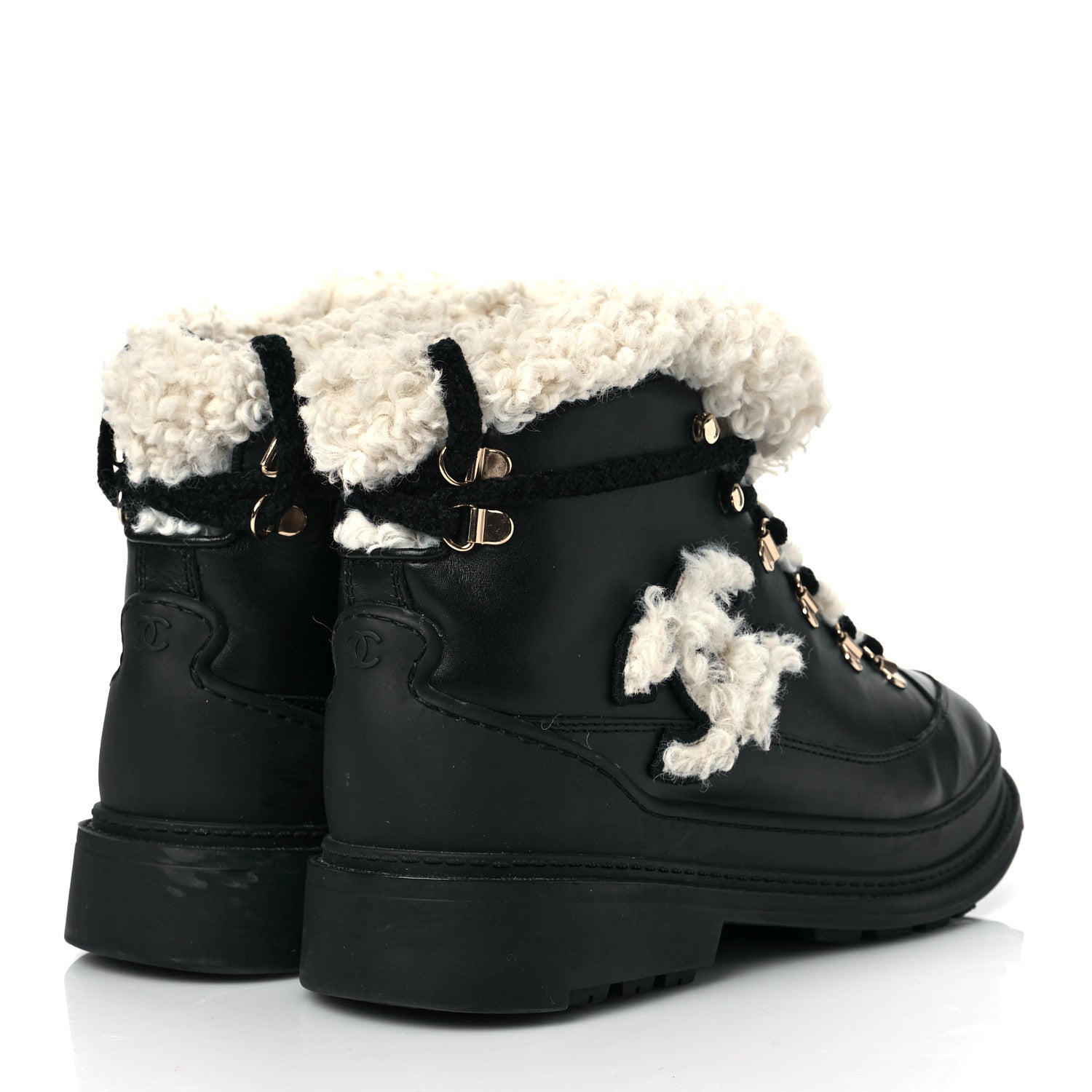 Chanel Calfskin Shearling CC Lace Up Boots 39 Black 4 of 8