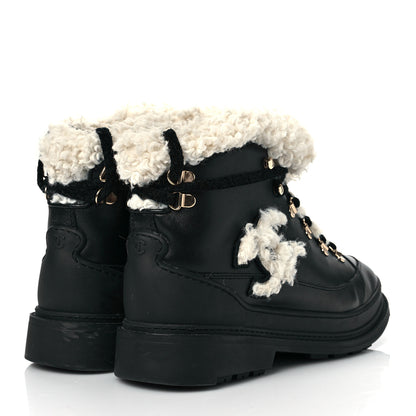 Chanel Calfskin Shearling CC Lace Up Boots 39 Black 4 of 8