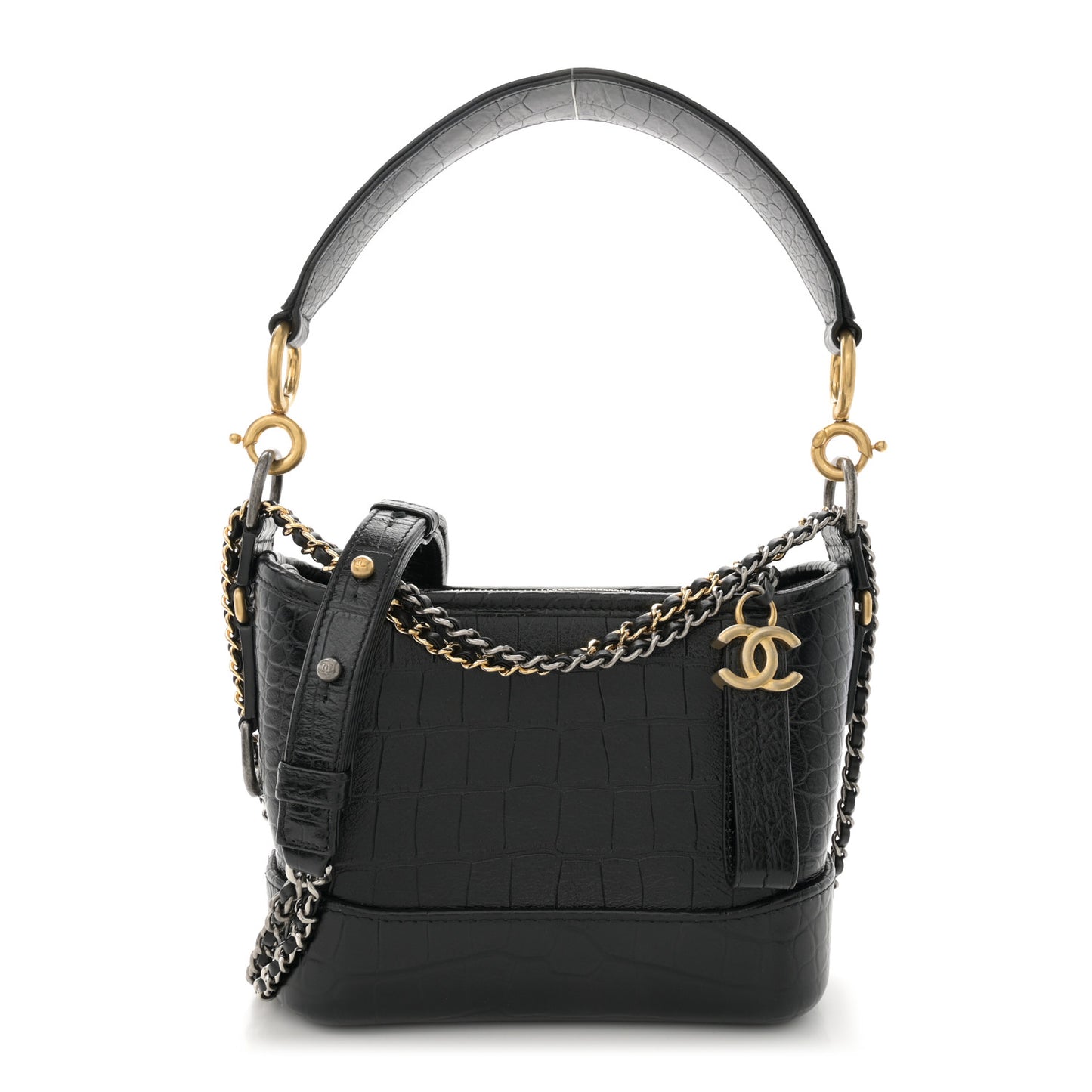 Calfskin Crocodile Embossed Small Gabrielle Cocodile Hobo Black