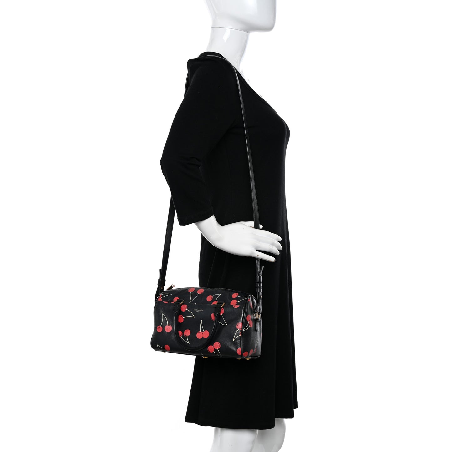 Calfskin Cherry Print Classic Baby Duffle Black Red
