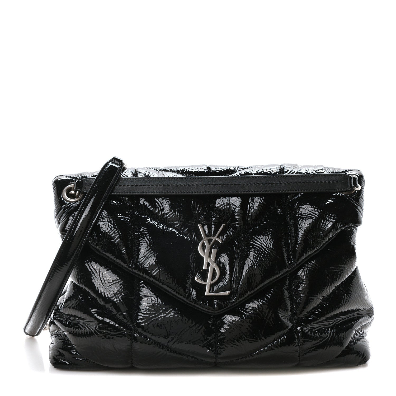 Saint Laurent Patent Lambskin Quilted Medium Loulou Puffer Monogram Chain Satchel Black 1 of 10