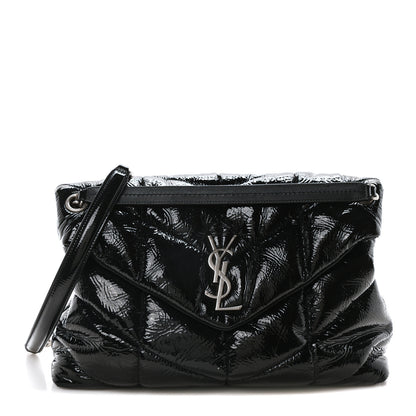 Saint Laurent Patent Lambskin Quilted Medium Loulou Puffer Monogram Chain Satchel Black 1 of 10