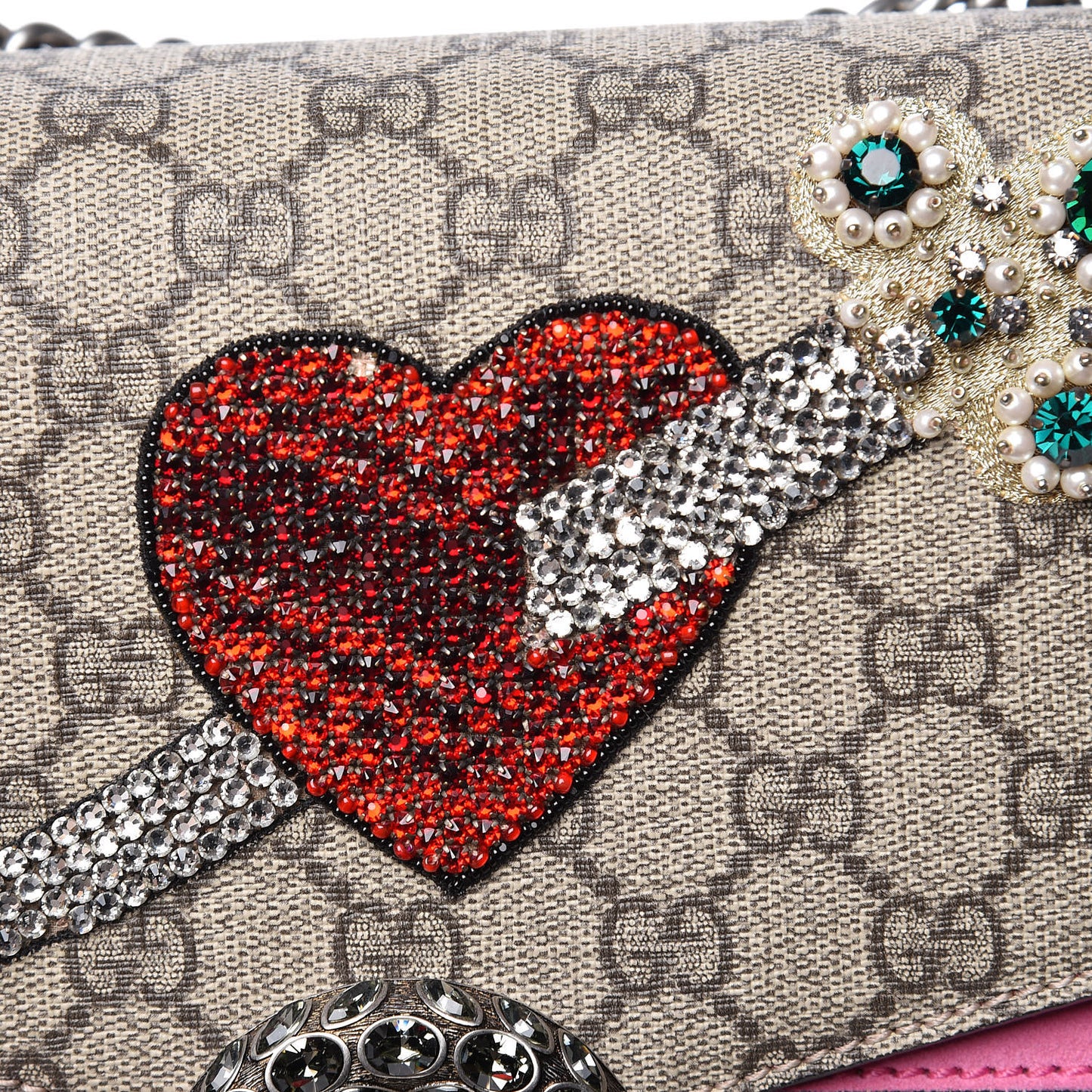 GG Supreme Monogram Suede Pierced Heart Embroidered Medium Dionysus Shoulder Bag Beige Ebony Pink Tropical Flower