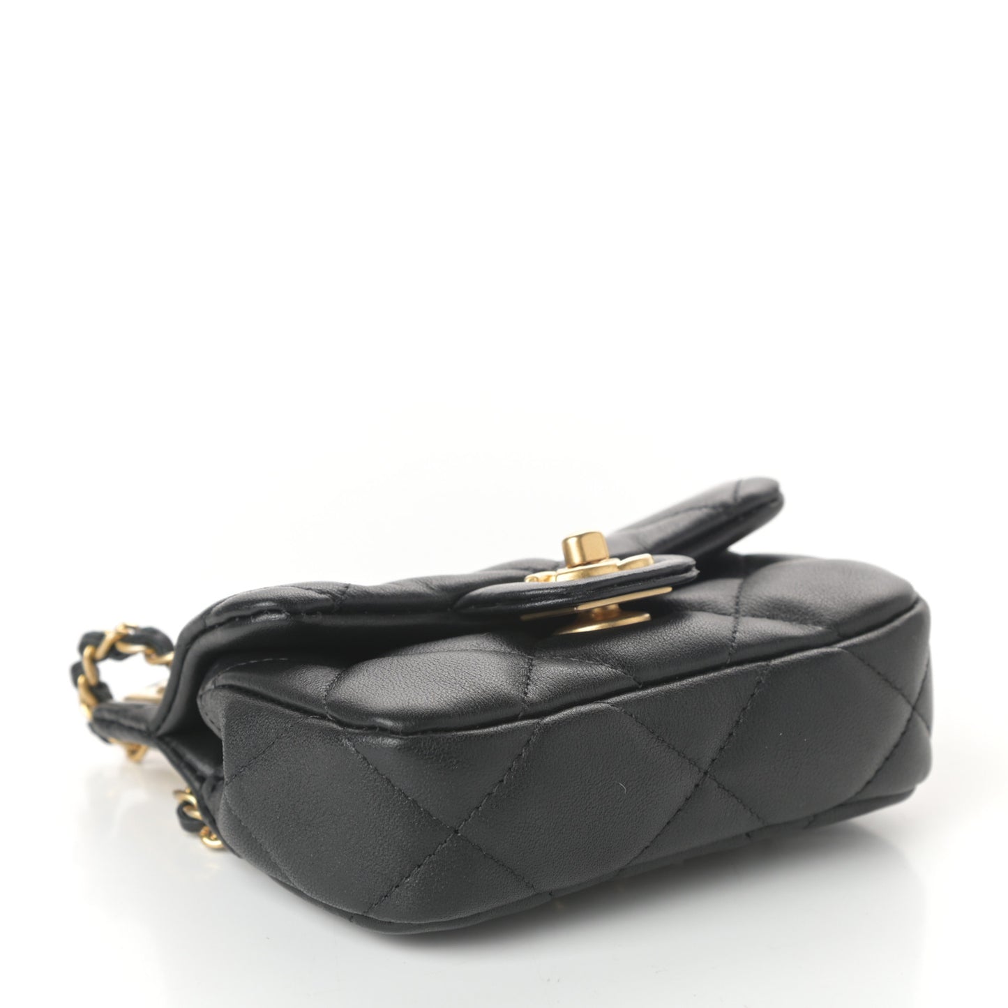 Calfskin Quilted Lady Handle Flap Card Holder With Chain Black