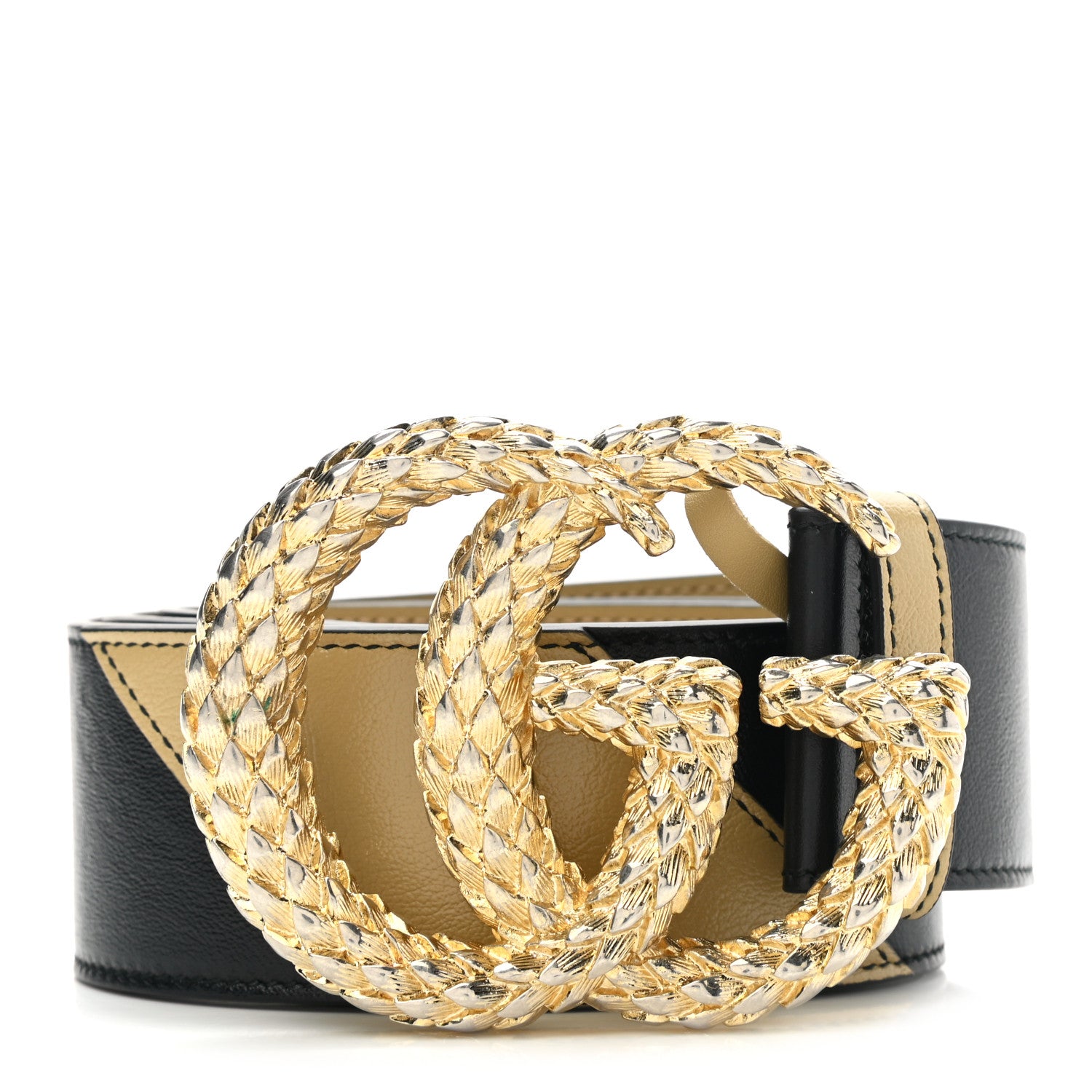 Gucci Calfskin Striped Textured Double G 50mm Belt 85 34 Black Beige 1 of 6