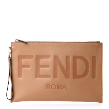 Fendi Vitello King Logo Embossed Large Flat Pouch Miele Scuro 1 of 7