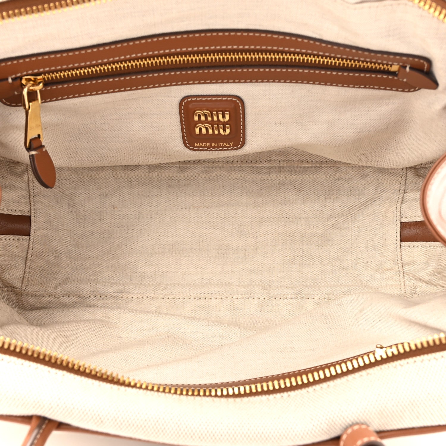 Miu Miu Canvas Calfskin Large Beau Top Handle Bag Naturale Brandy 5 of 9