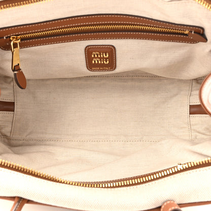 Miu Miu Canvas Calfskin Large Beau Top Handle Bag Naturale Brandy 5 of 9