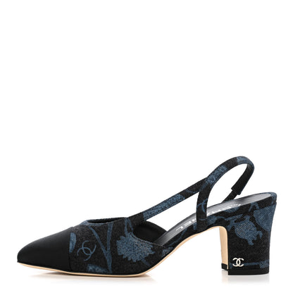 Chanel Denim Cap Toe CC Slingback Pumps 37.5 Charcoal Black Blue 1 of 4